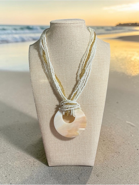 Jewelry - COIRIS Boho Multi-Strand White & Gold Seed Bead Mother of Pearl Pendant Necklace